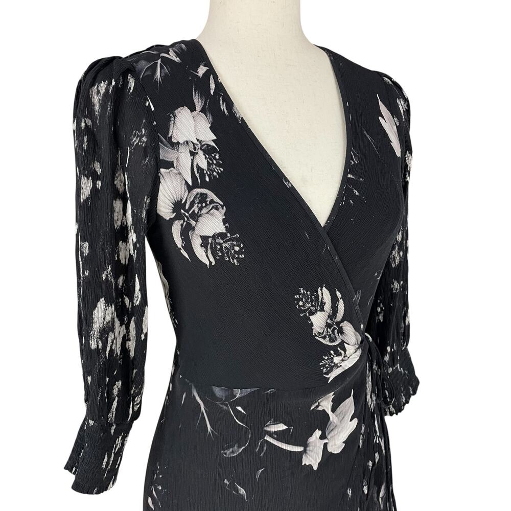 ALLSAINTS Ari Pauline Black Floral True-Wrap Ruffle Dress Size 4 Whimsigoth Emo - Picture 4 of 11